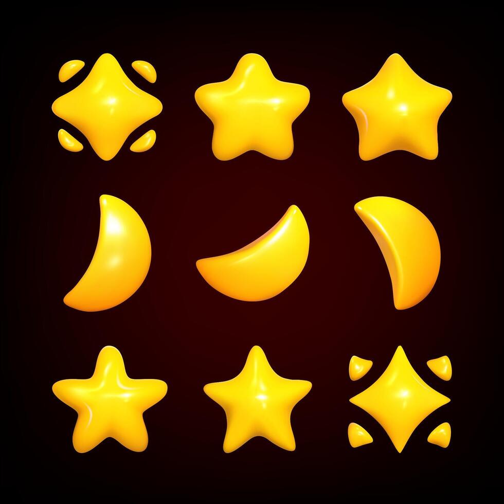 3d set yellow plastic stars and moons. Realistic 3d symbol design for casino and game vector