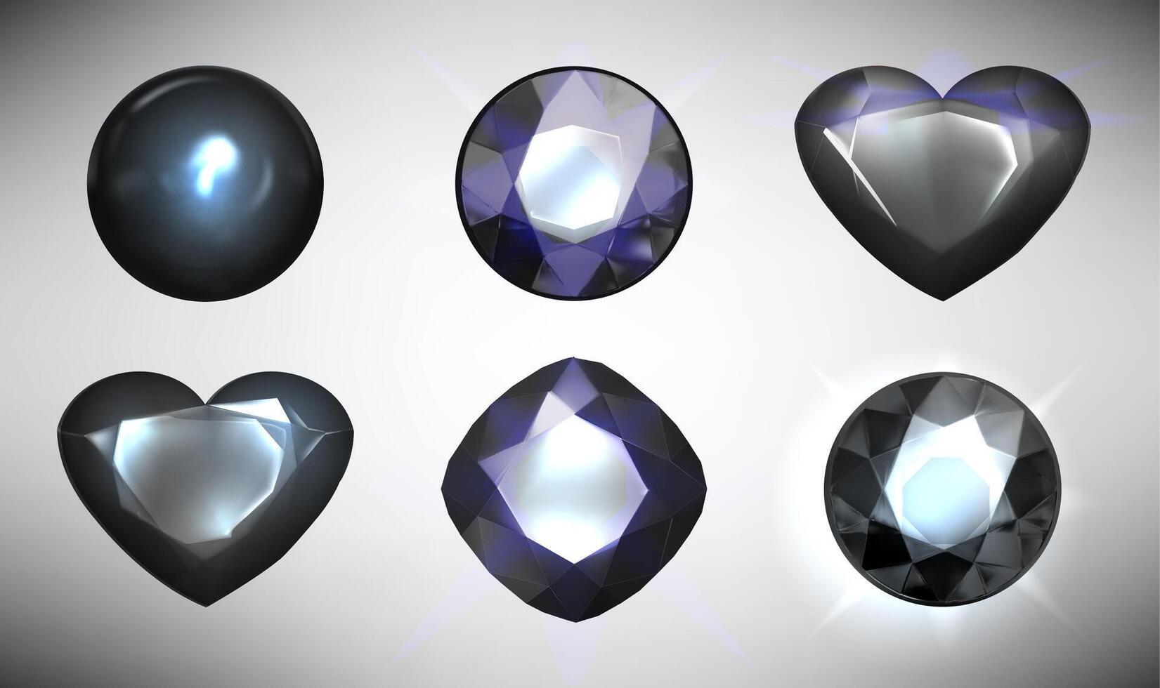 3d black diamonds set. Jewelry 3d collection. Diamonds in the form of a circle, heart, rhombus on a gray background. vector