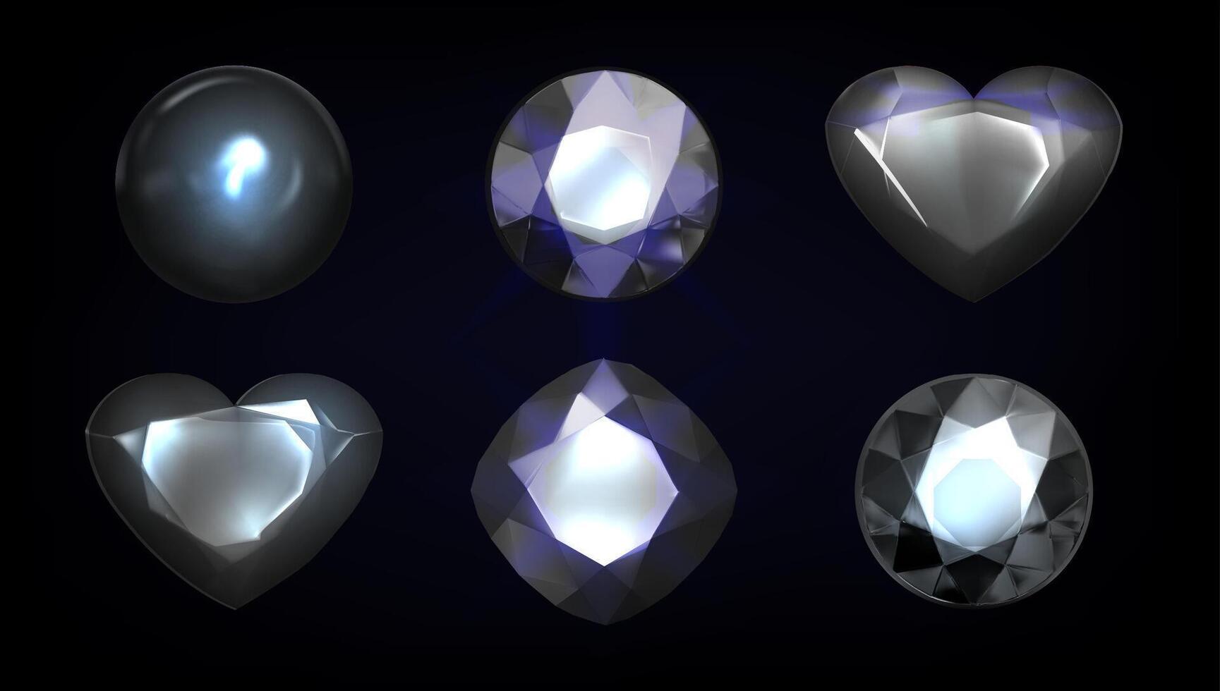 3d black diamonds set. Jewelry 3d collection . Matte diamonds in the form of a circle, heart, rhombus on a black background. vector