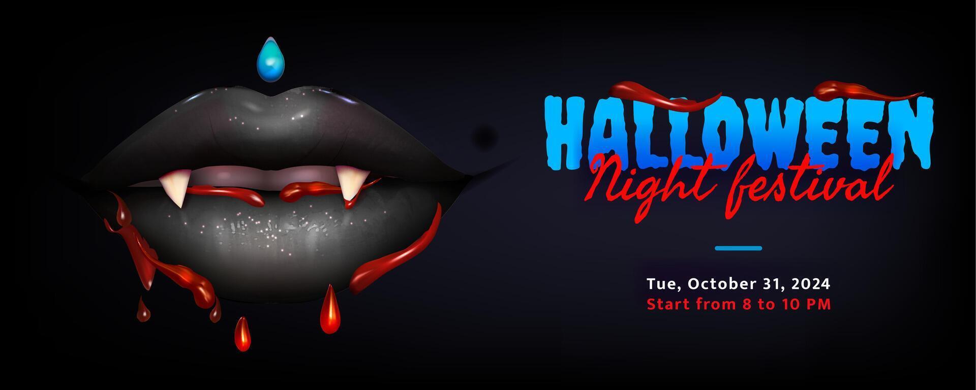Realistic vampire black lips with bloody fangs. Open mouth with white teeth and drops of blood. Happy Halloween. Holiday invitation with place for text. Background of realistic 3d banner vector