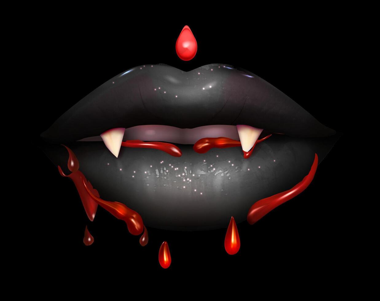 Realistic vampire black lips with bloody fangs. Women's open mouth with white teeth and drops of blood. Happy Halloween. Black lipstick vector