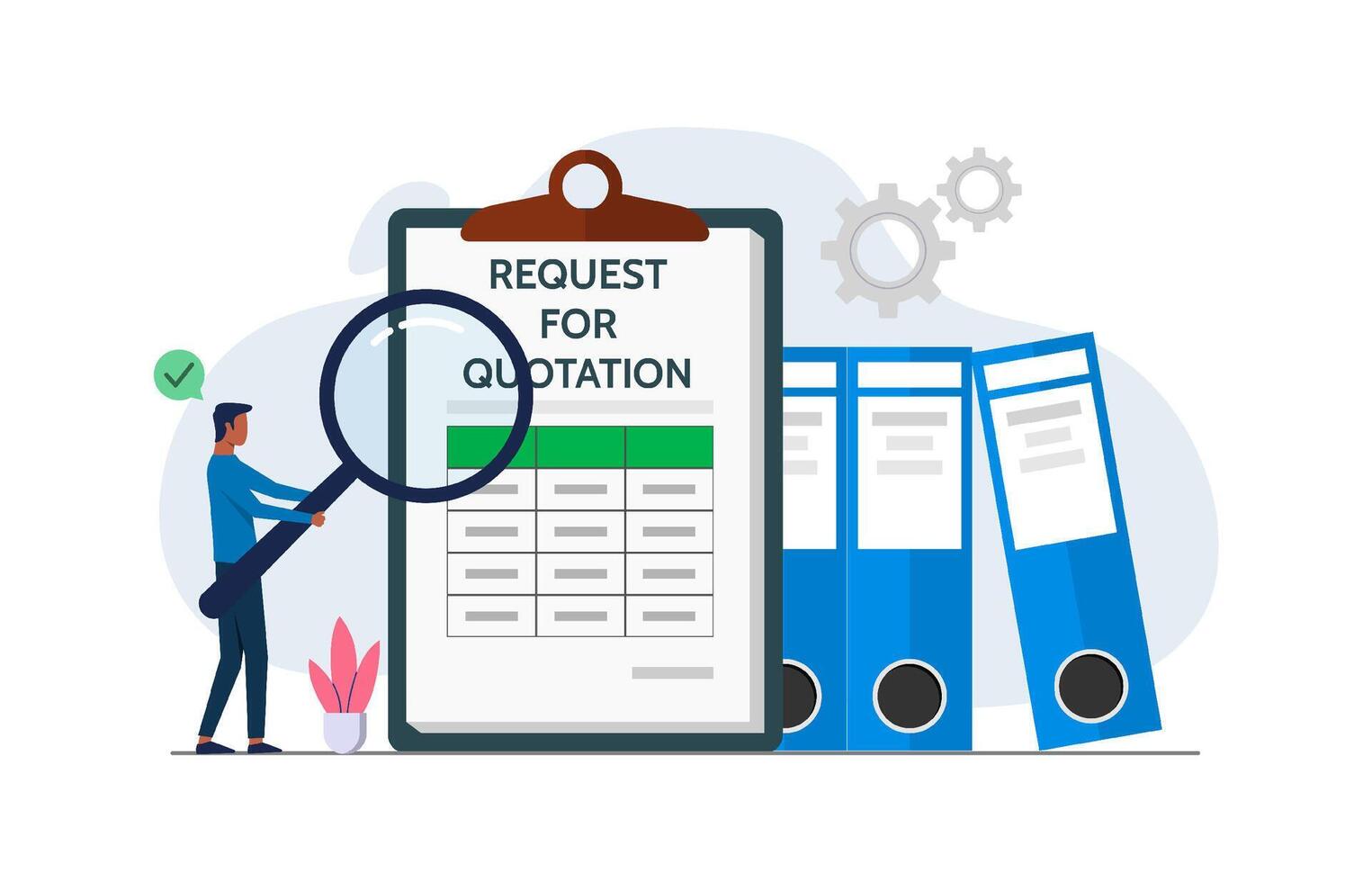 Request for quotation or invitation for bid concept. A man checking for RFQ documents to fulfil certain project vector