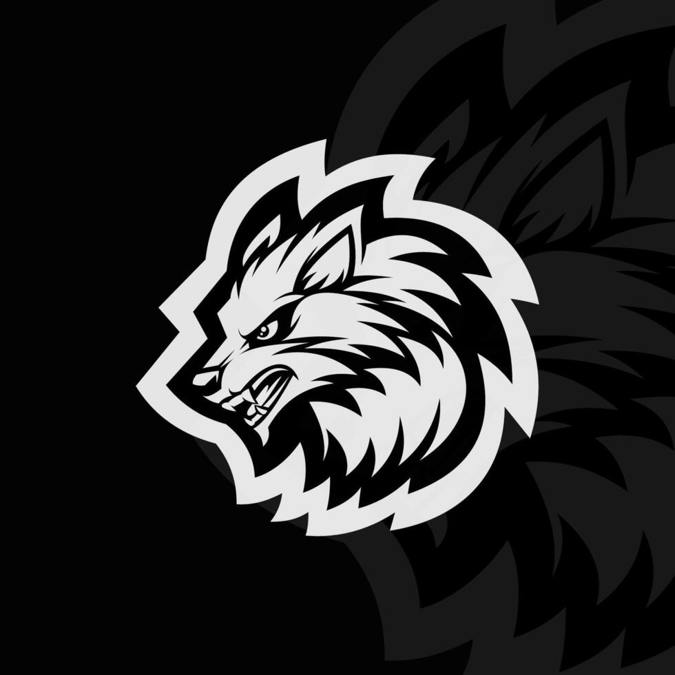A black and white wolf head on a dark background vector