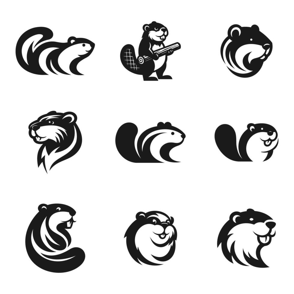 Set of black and white beaver icons vector