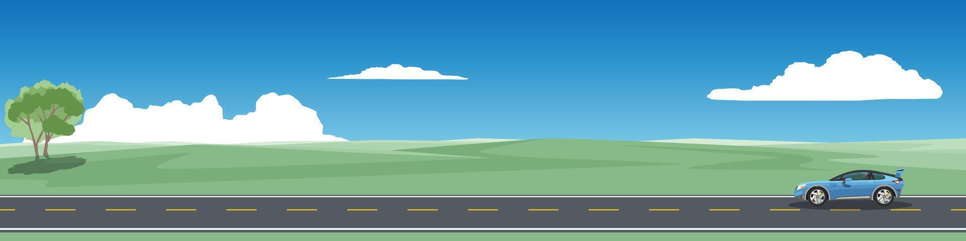 Travels of sport car with driving for banner. Asphalt road near the meadow with green hills under clear sky. Tree growing alone in the corner. Copy Space Flat . vector