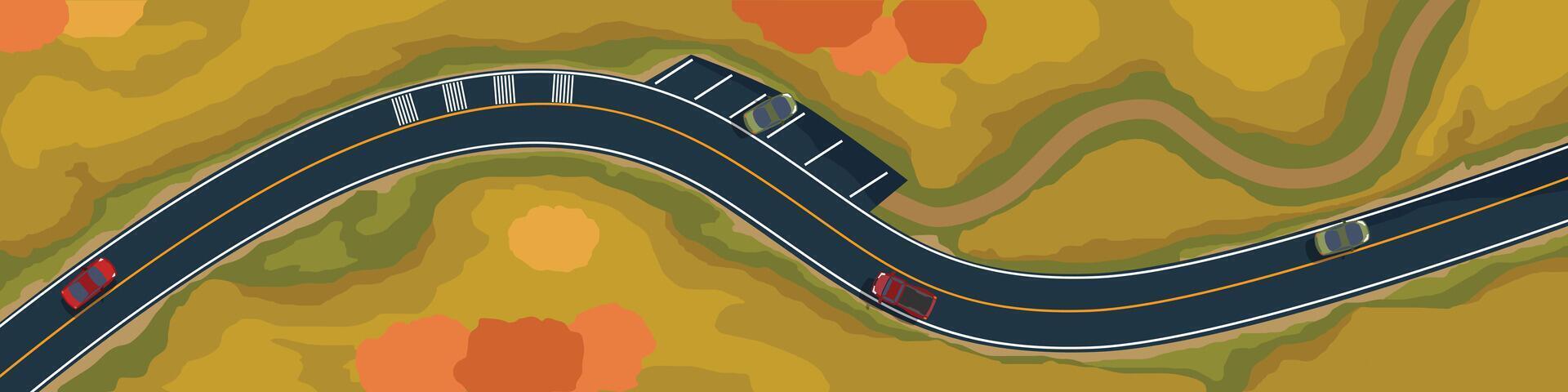 Above view of winding road with a parking lot on the side. Cars driving on asphalt road is surrounded by spring trees and Leaves. Nature trails in tourist forests. vector