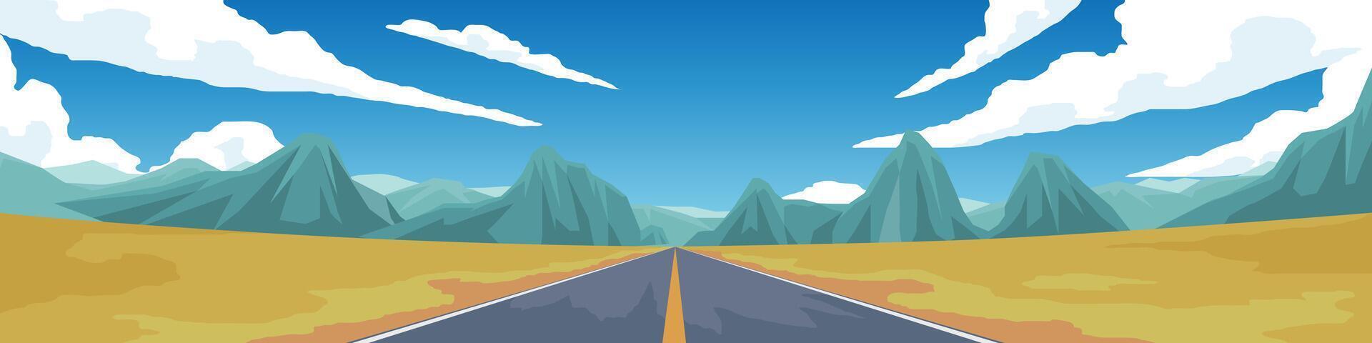 Long asphalt road that stretches as far as the eye can see. Amidst the golden fields and lush mountains. Surrounding atmosphere is full of peace and shady. Drive to relax at the vacation home. vector