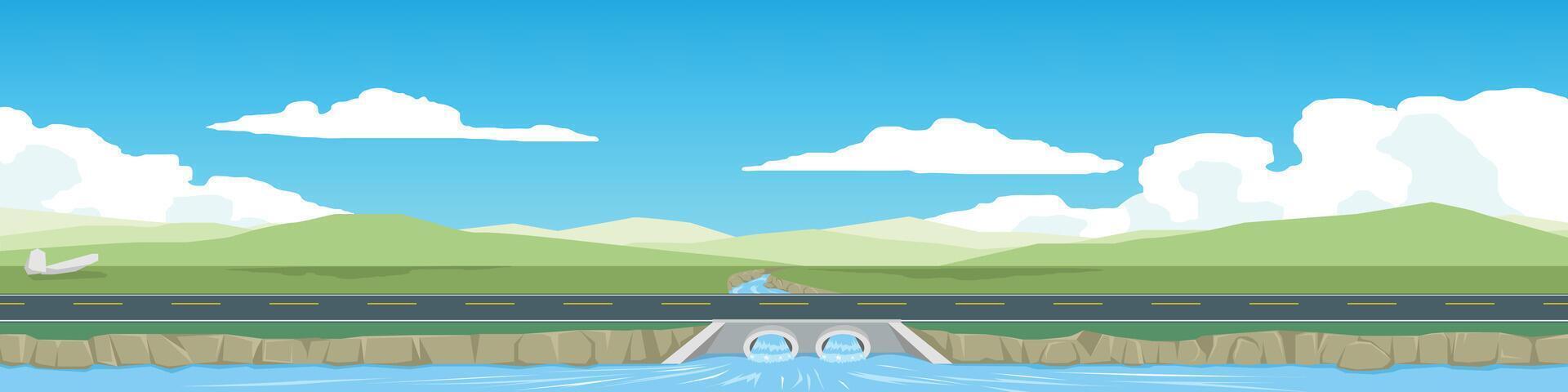 Landscape of empty asphalt road. Lush green hills stretch towards the horizon. Slopes gently descending to meet calm of water. Small dam or weir constructed of stone or concrete. vector