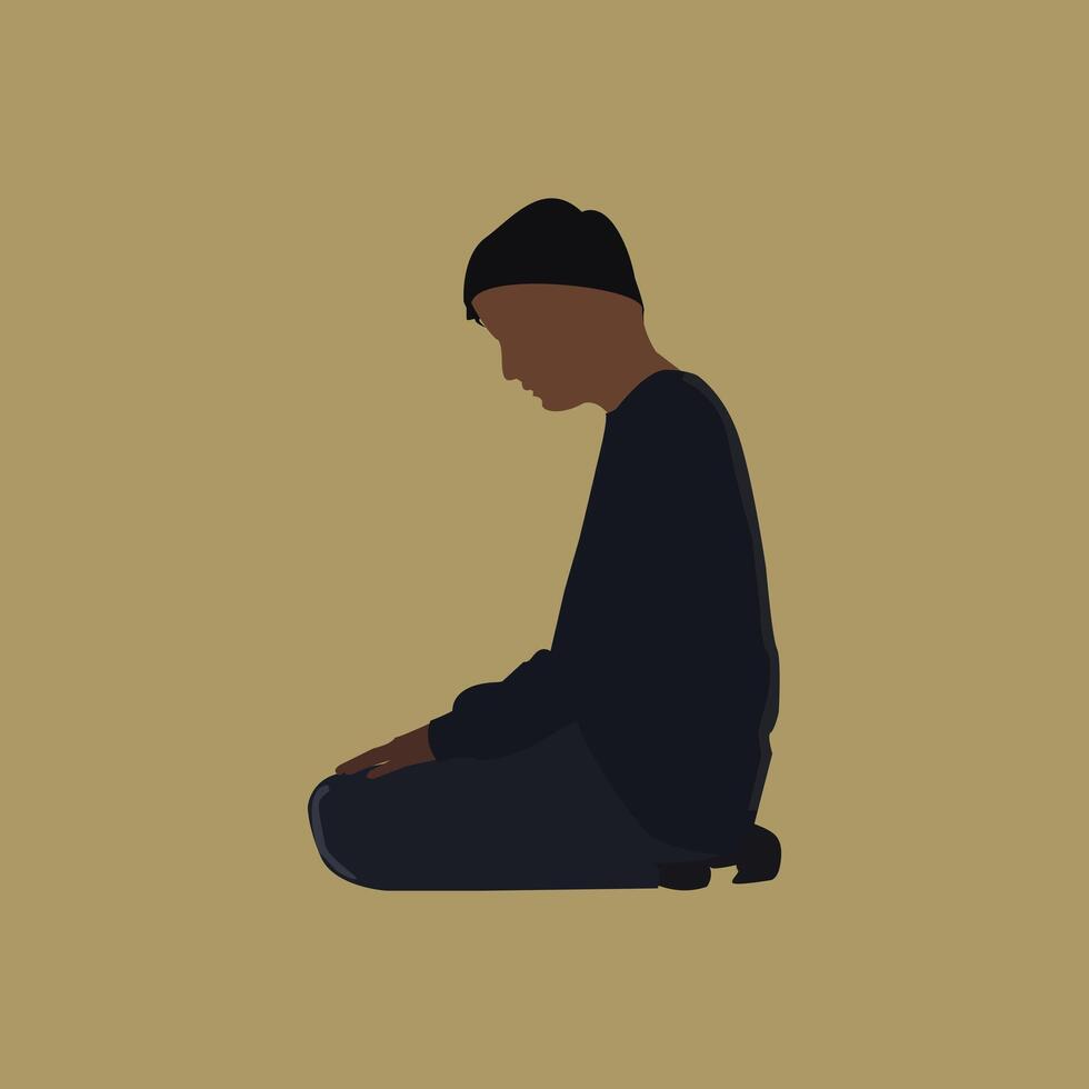 Muslim boy praying, muslim prayer position vector