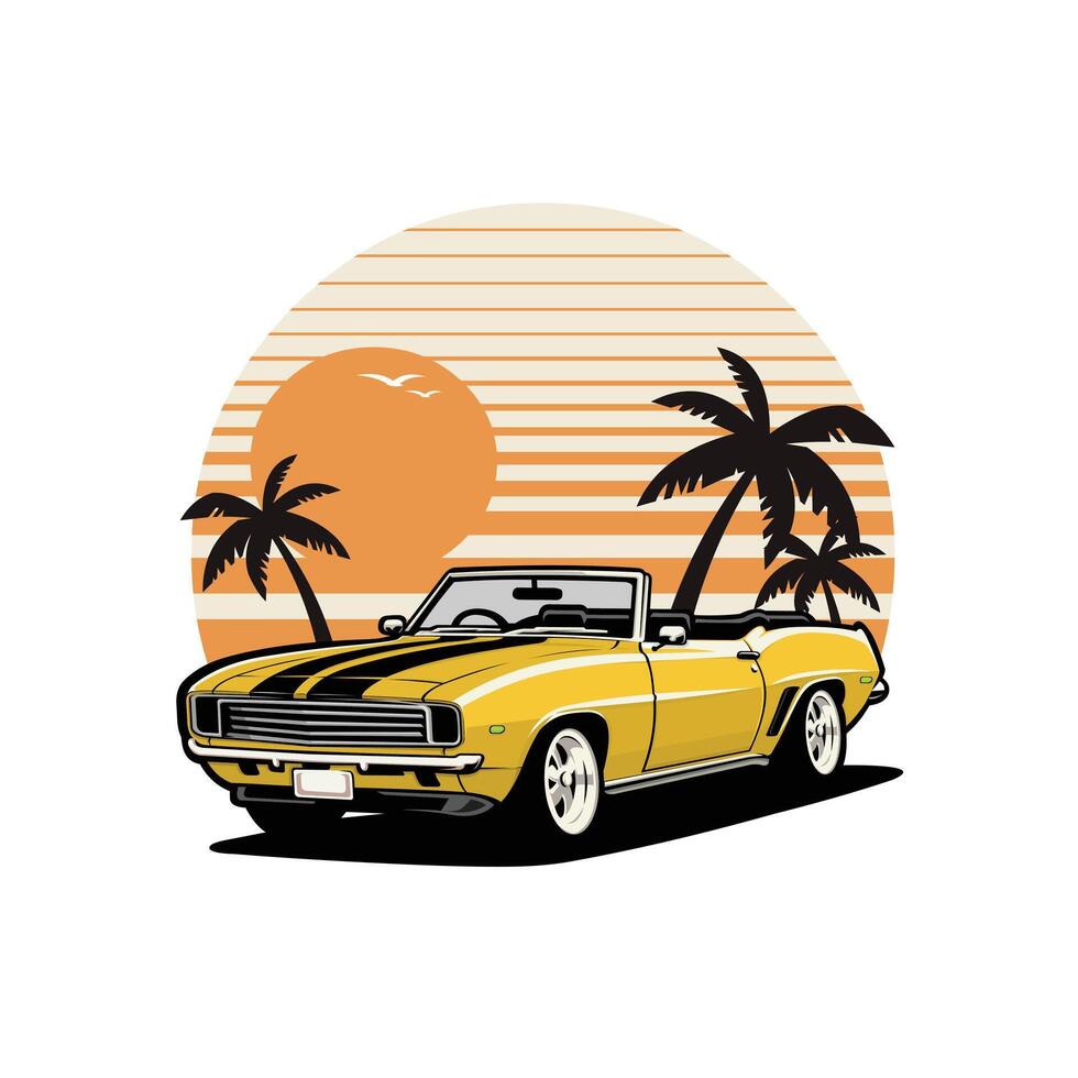 Classic cabriolet muscle car in beach design illustration. Best for automotive tshirt design vector