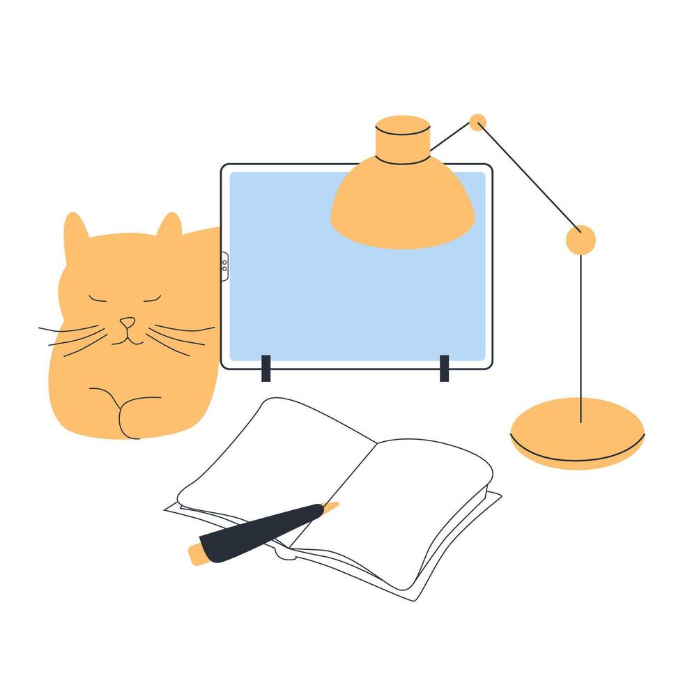 Workspace, study area with sleeping orange cat, computer monitor displaying a blue screen, an adjustable desk lamp, book, pen. The minimalistic color modern and clean aest vector