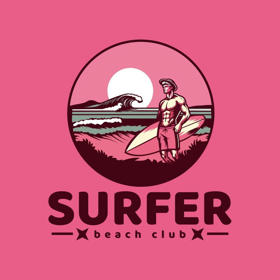 surfer logo with a combination of a man, waves, beach in isolated pink background vector