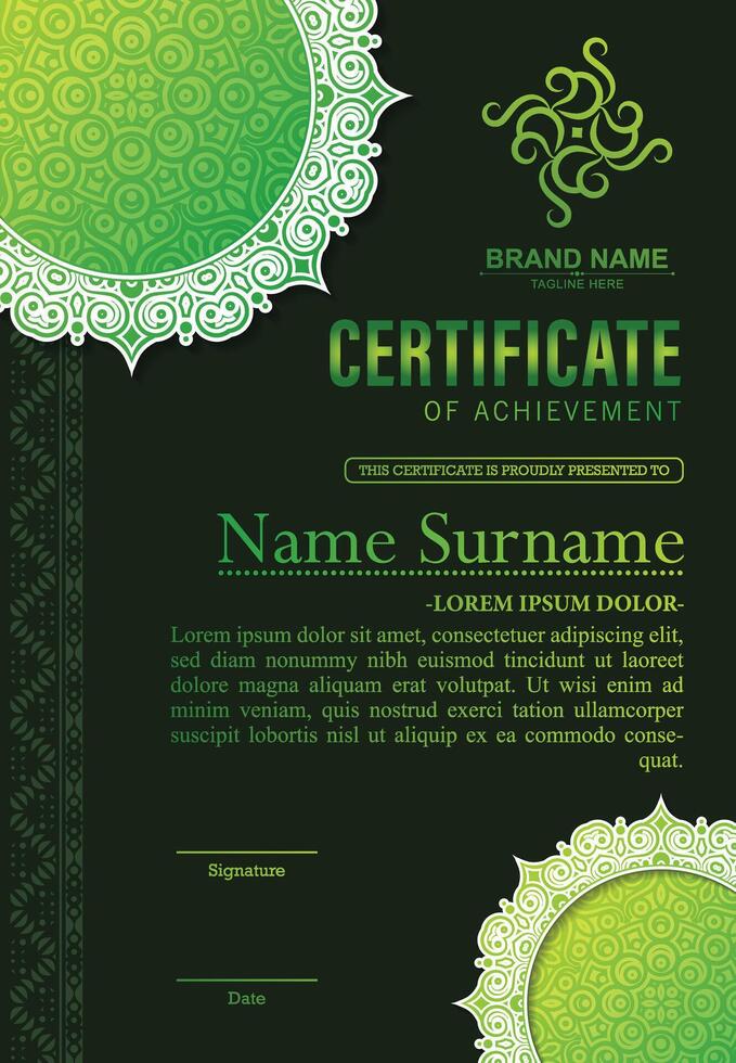 Elegant Green mandala award certificate template vector