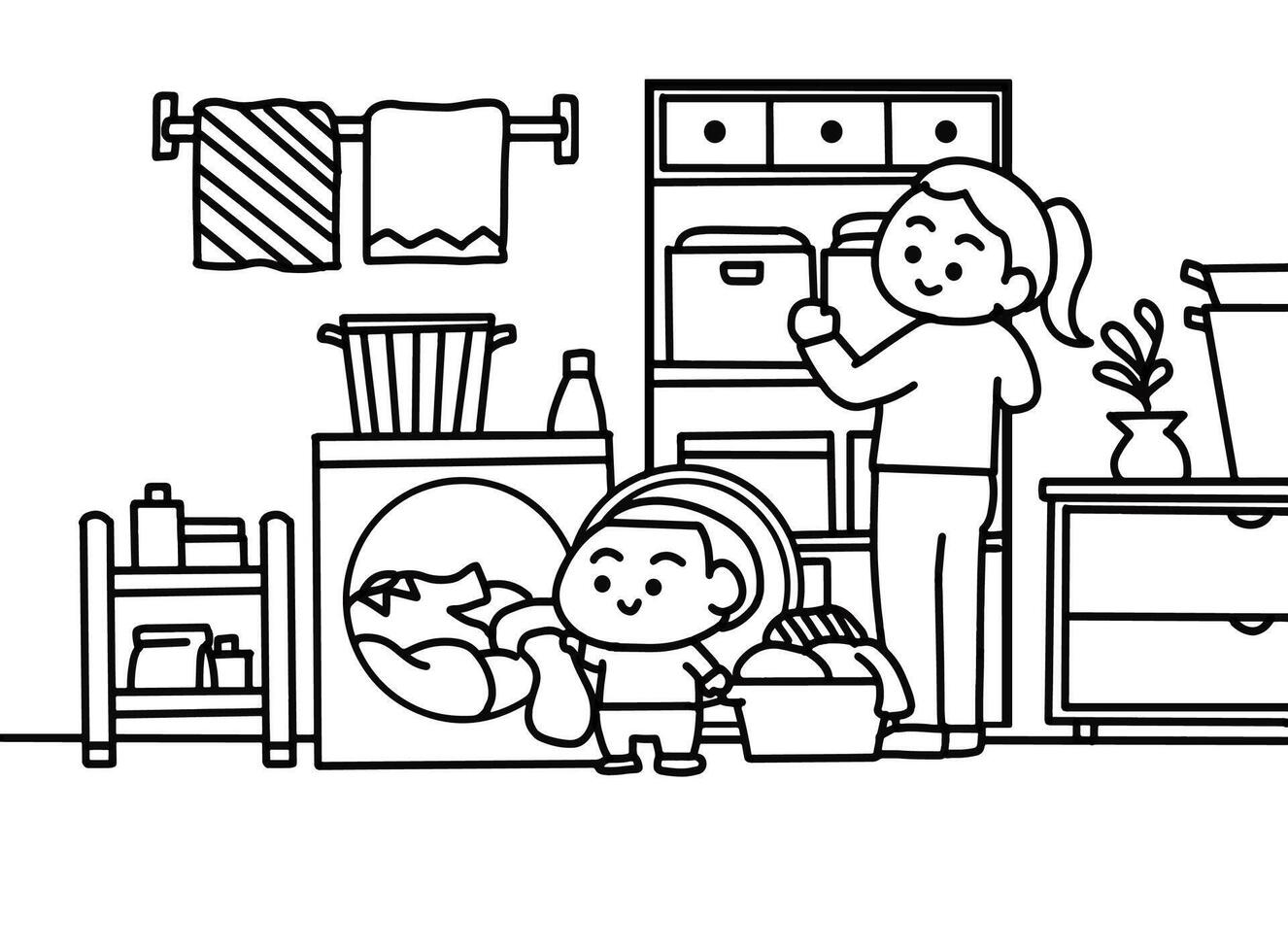 Mother and son in the Washing room coloring pages style. vector