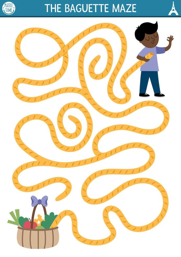 French baguette maze. Funny France labyrinth for kids with traditional pastry. Preschool printable activity. Labyrinth game or puzzle with long bread, boy, shop basket with vegetables vector