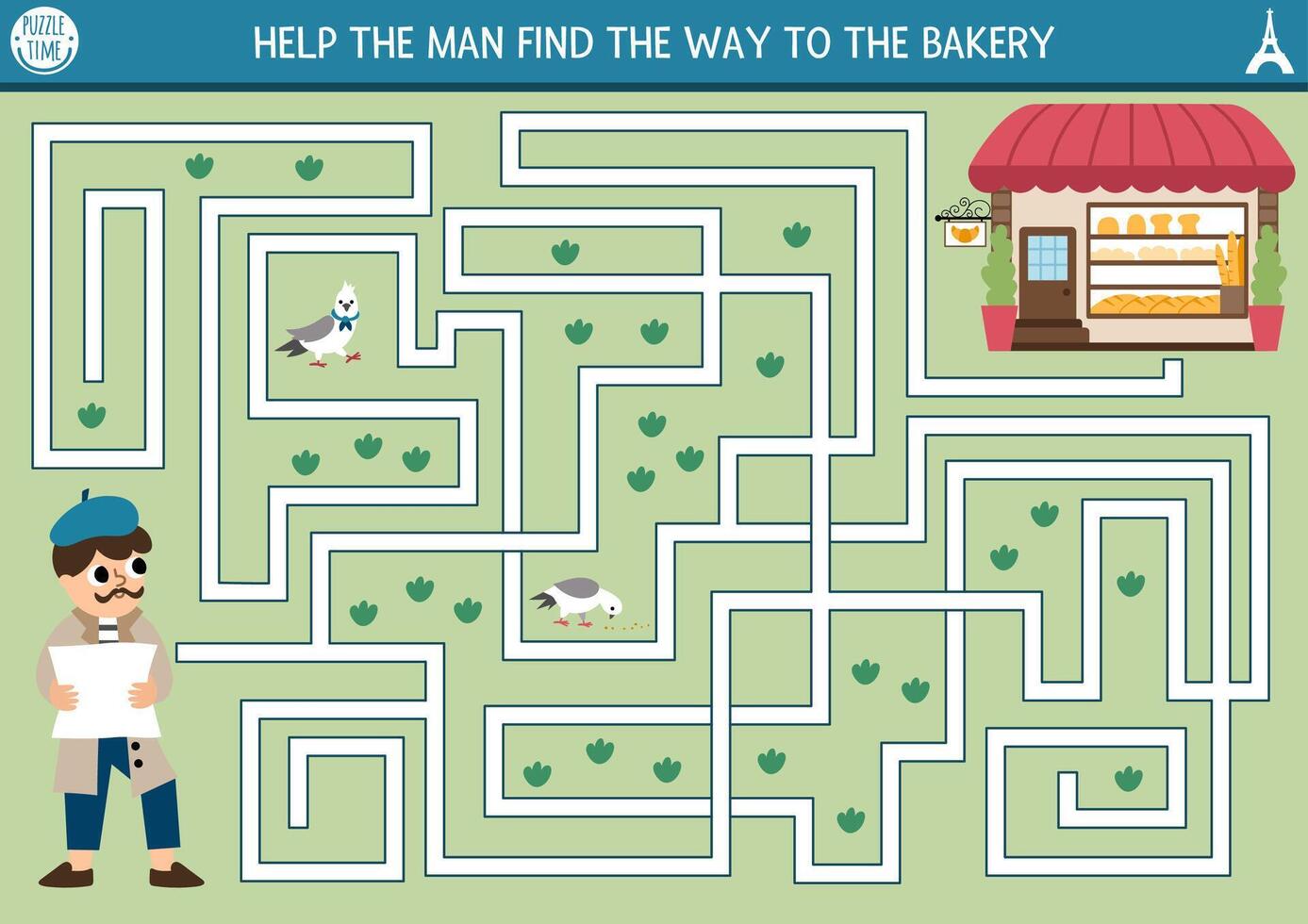 France maze for kids with man searching the way to bakery. French preschool printable activity. Labyrinth game or puzzle with traditional pastry, croissants, baguettes, bread vector