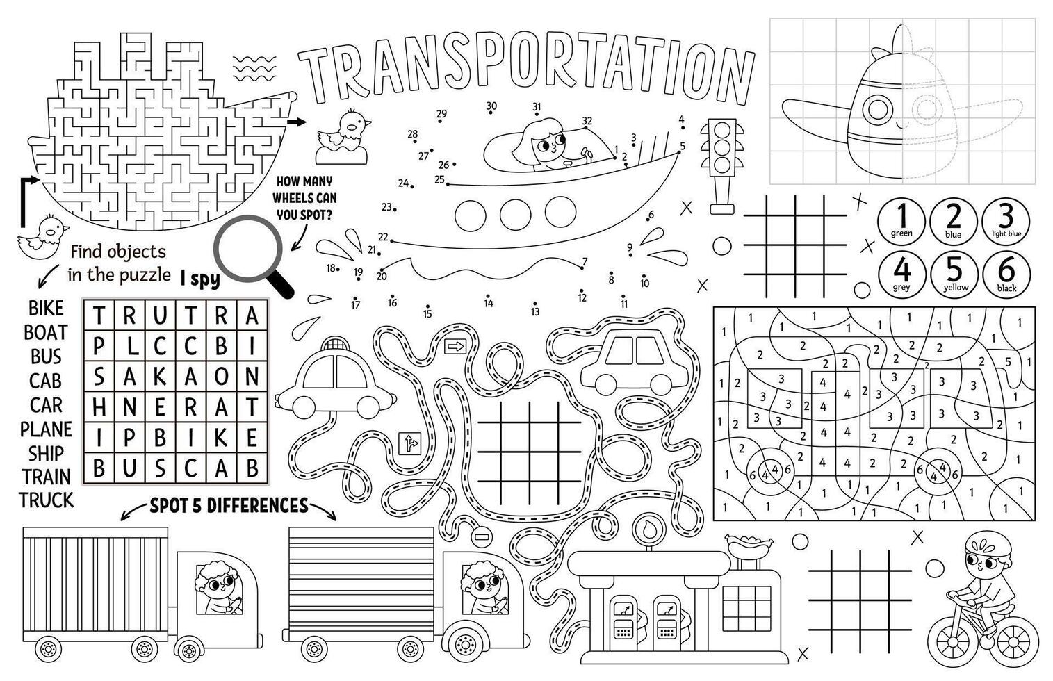 transportation placemat for kids. Transport printable activity mat with maze, tic tac toe chart, connect the dots, find difference. Black and white play mat, coloring page with car, train, plane vector