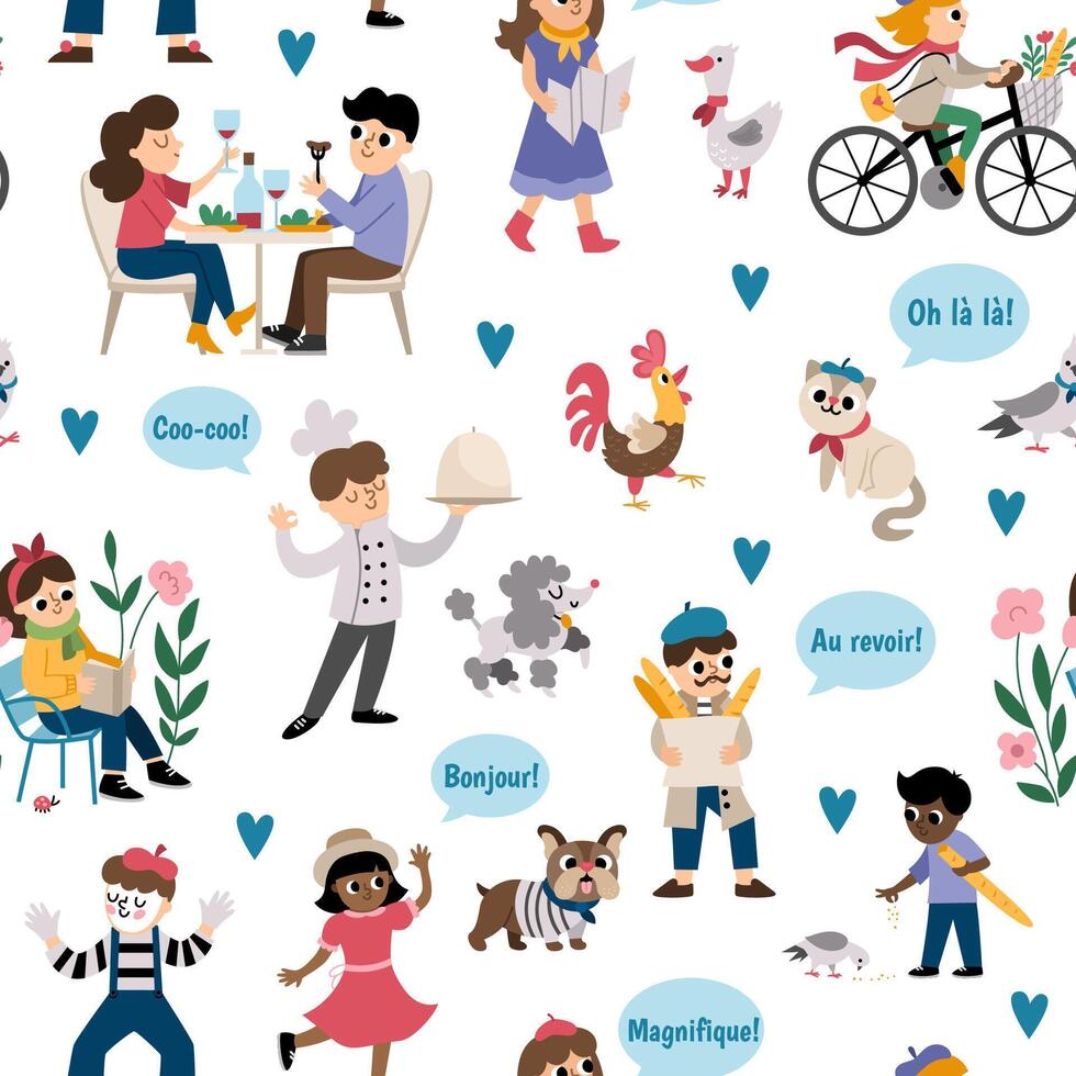seamless pattern with people of France. Repeating background with French men, animals, phrases. Cute Paris digital paper with cockerel, mime, cook, reading woman, boy, baguette vector
