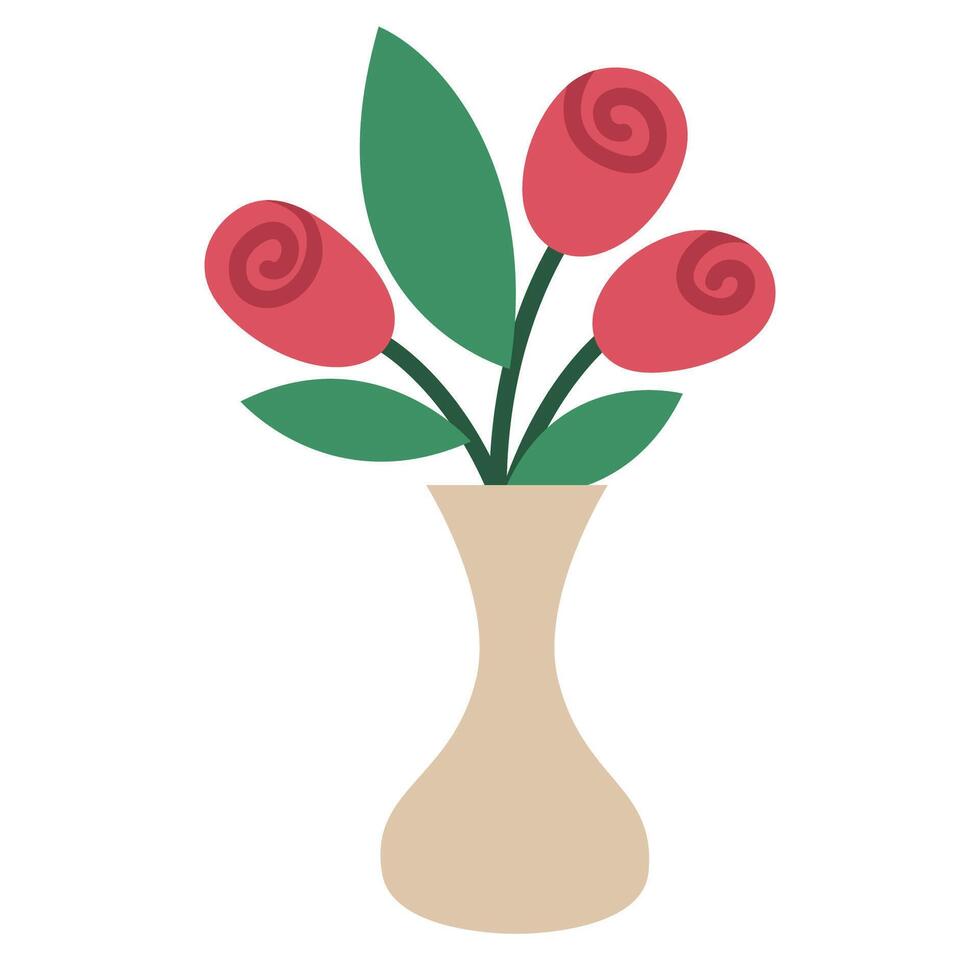 flower vase icon. Cute pot with red roses and green leaves clipart isolated on white background. Floral interior design element vector