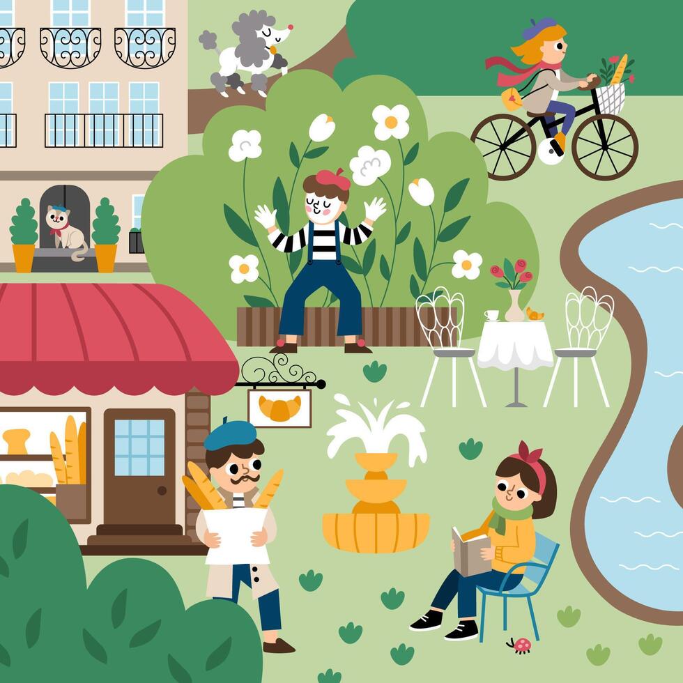 Paris landscape illustration. French capital city scene with people, animals, sights, traditional building, bakery. Cute France square background with river, park, mime, man, baguette vector
