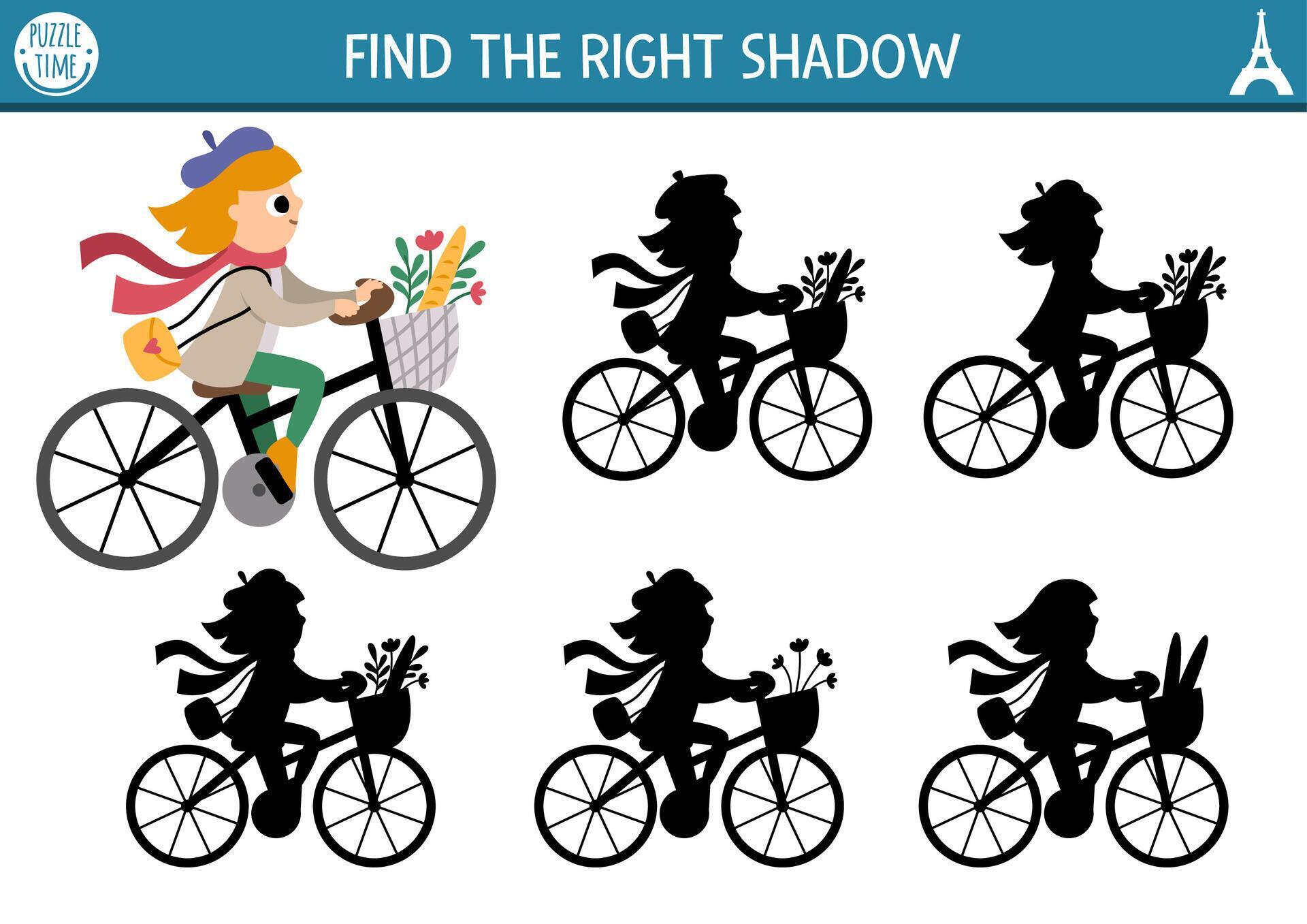 France shadow matching activity. Puzzle with girl riding a bike with