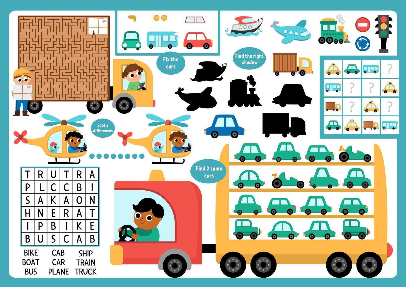 transportation placemat for children. Transport printable activity mat with maze, word search puzzle, shadow match, find difference. Play mat, menu, kids magazine spreadsheet with cars vector