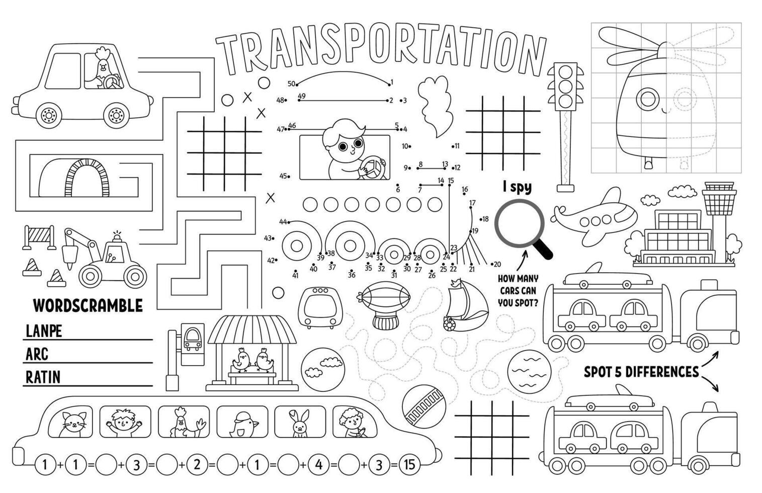 transportation placemat for kids. Transport printable activity mat with maze, tic tac toe chart, connect the dots, find difference. Black and white play mat, coloring page with car, train, plane vector