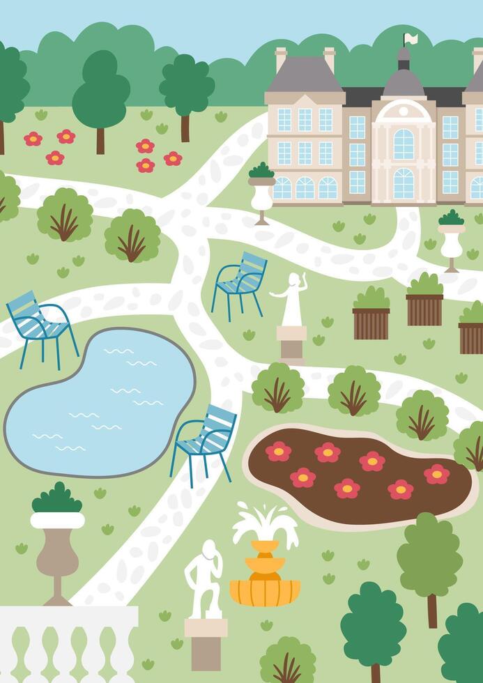 Luxembourg garden in Paris landscape illustration. French capital city park vertical scene with palace, benches, chairs, sculptures, pond, trees. Cute France background vector