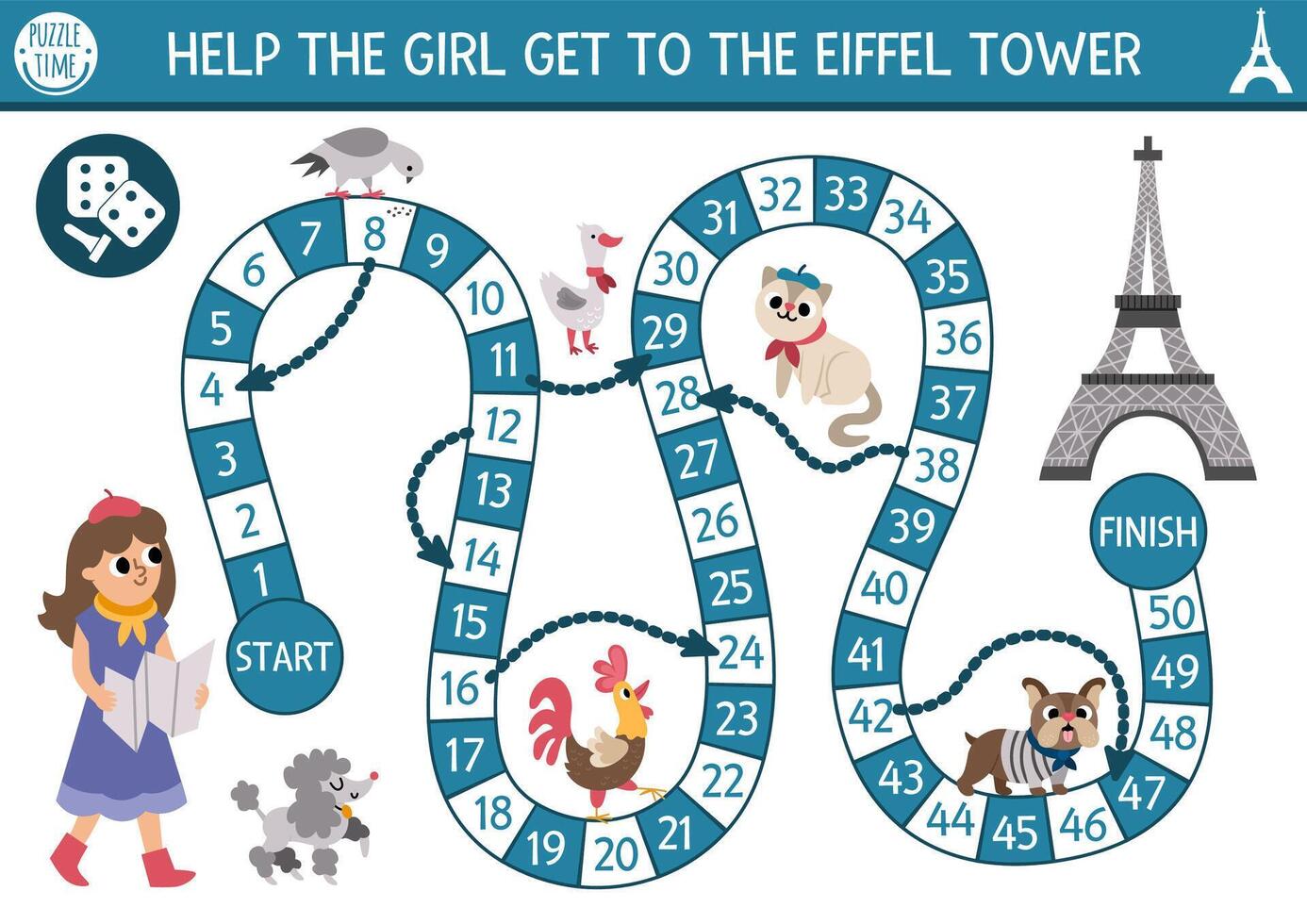 France dice board game for children with tourist girl with map going to Eiffel Tower. French boardgame with traditional symbols, animals. Printable touristic activity, worksheet for kids with Paris vector