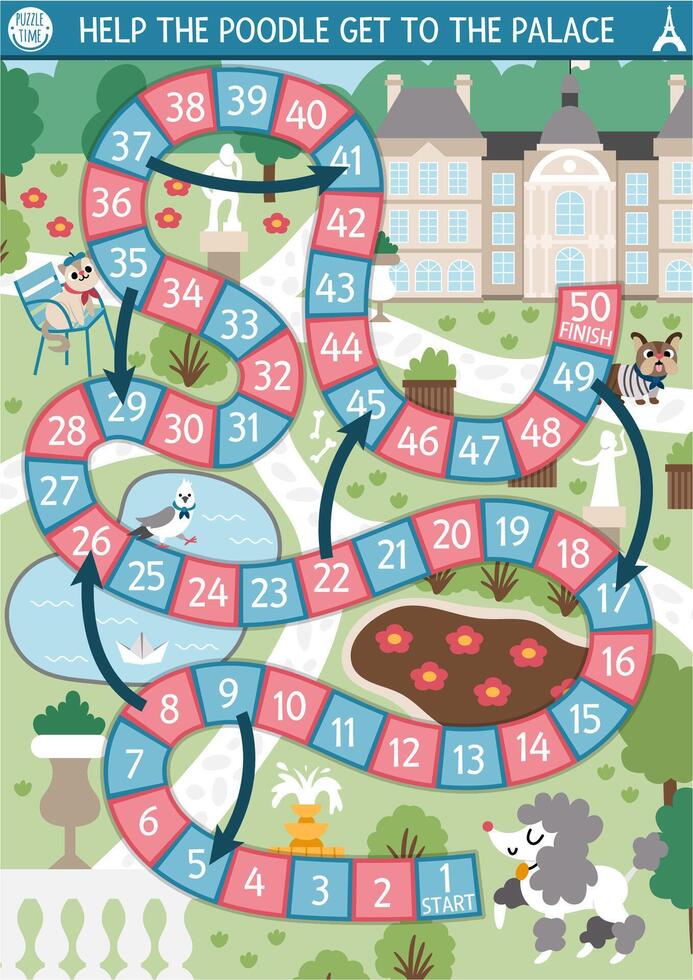 France dice board game for children with poodle going to Luxembourg palace through garden. French boardgame with cute dog in park. Printable activity, worksheet for kids with Paris sight vector