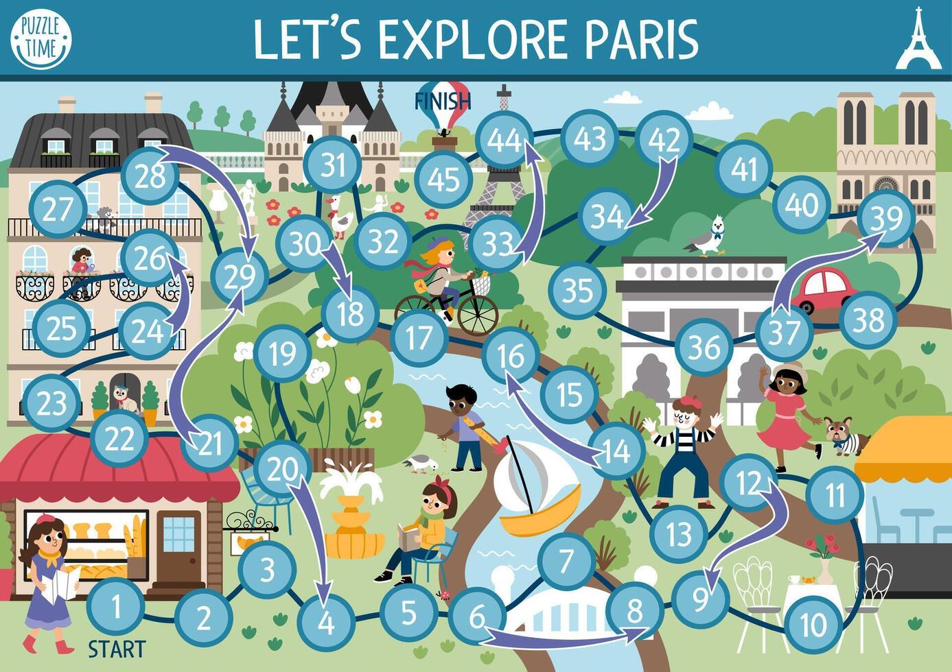 France dice board game for children with Eiffel Tower, castle. French boardgame with traditional symbols. Printable touristic activity, worksheet for kids with sight. explore Paris vector