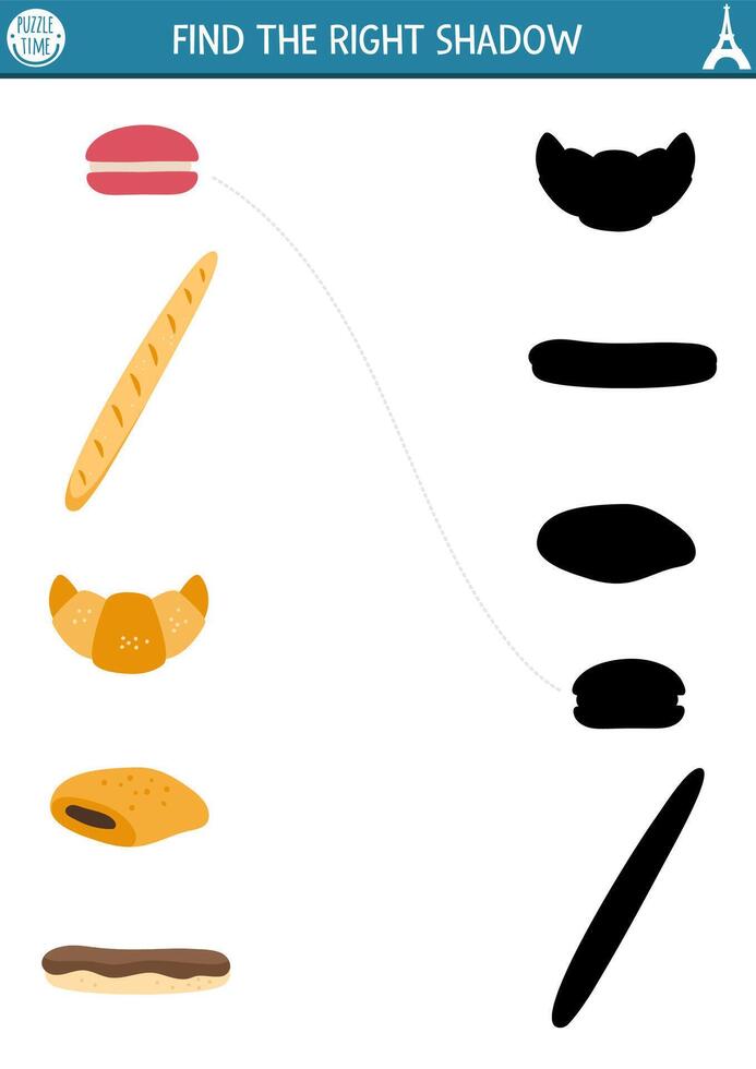 France shadow matching activity. Puzzle with traditional French pastry. Find correct silhouette printable worksheet. Funny page for kids with baguette, croissant, chocolate bun, macaron, eclair vector