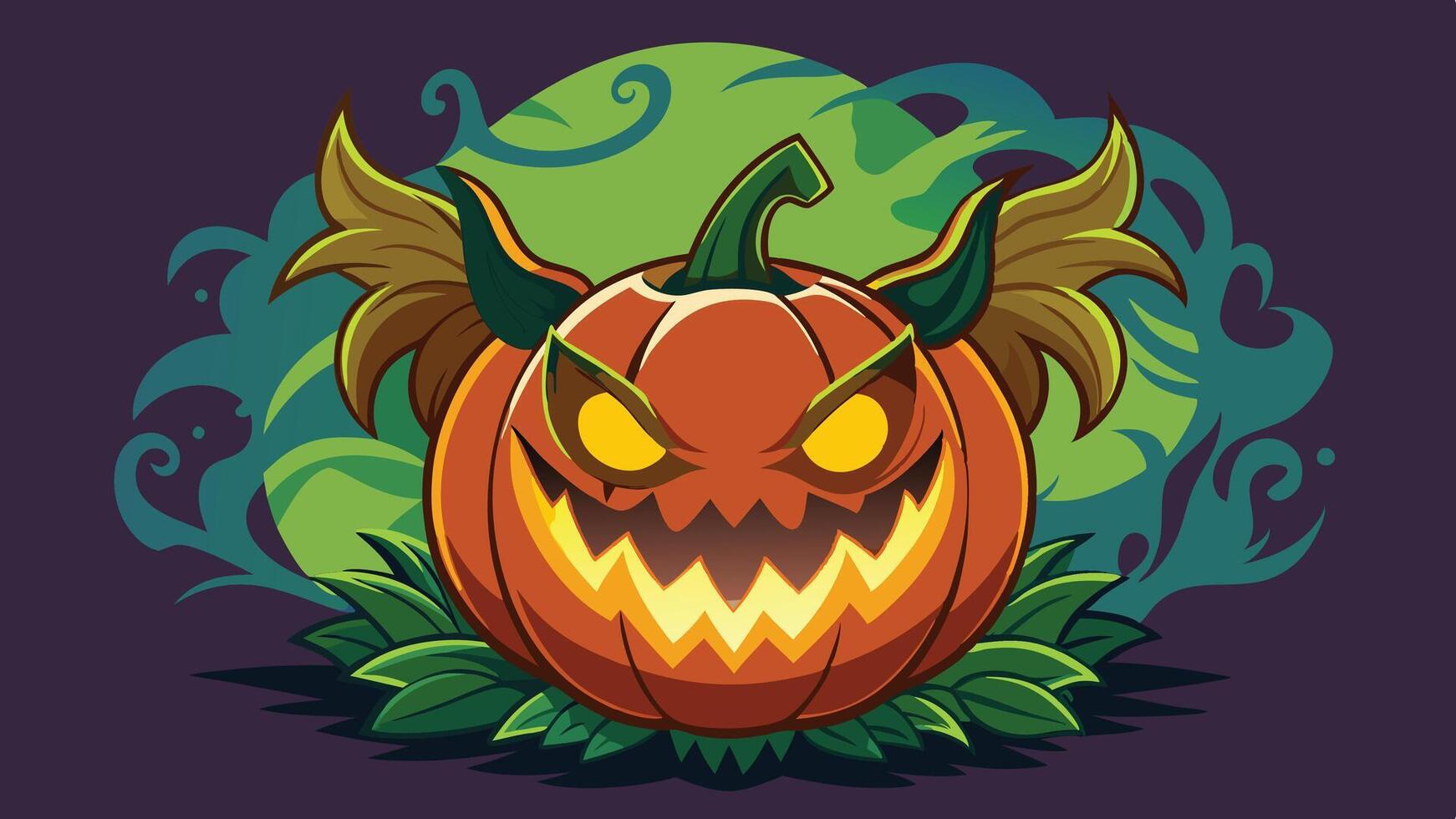 A carved Halloween pumpkin with glowing eyes and sharp teeth surrounded by vibrant green leaves on a dark blue background vector