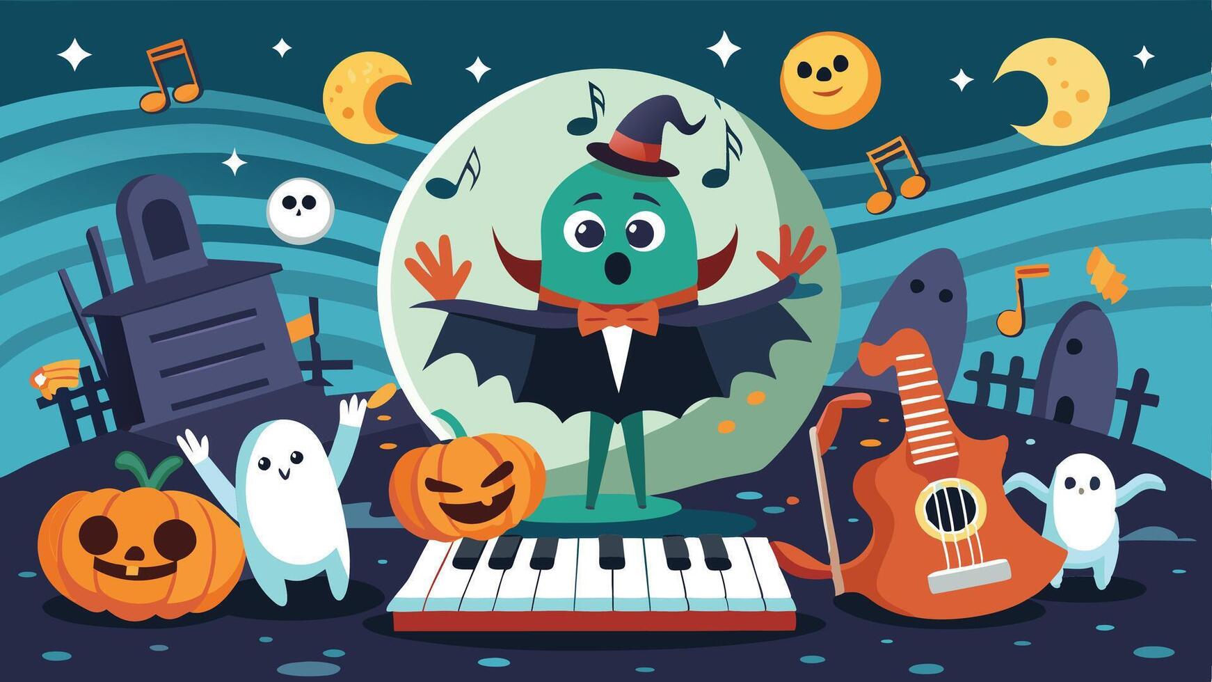A whimsical Halloween night scene featuring a haunted house, playful ghosts, musical elements, and a spooky pumpkin in a colorful landscape vector