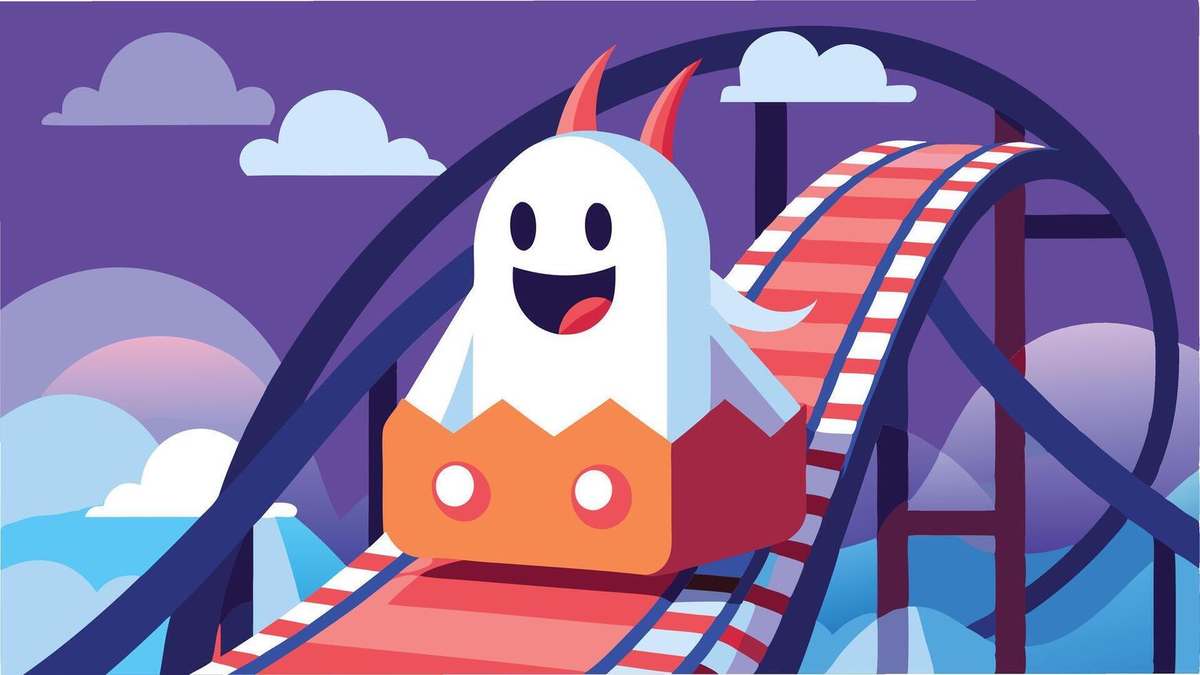 A cheerful cartoon character stands on a roller coaster track, surrounded by colorful hills and a starry night sky, evoking a sense of fun and adventure at an amusement park vector
