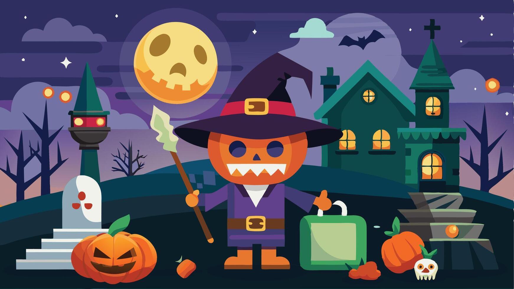 A spooky Halloween night at an eerie haunted house with glowing pumpkins, playful ghosts, and a bright full moon lighting up the dark sky vector
