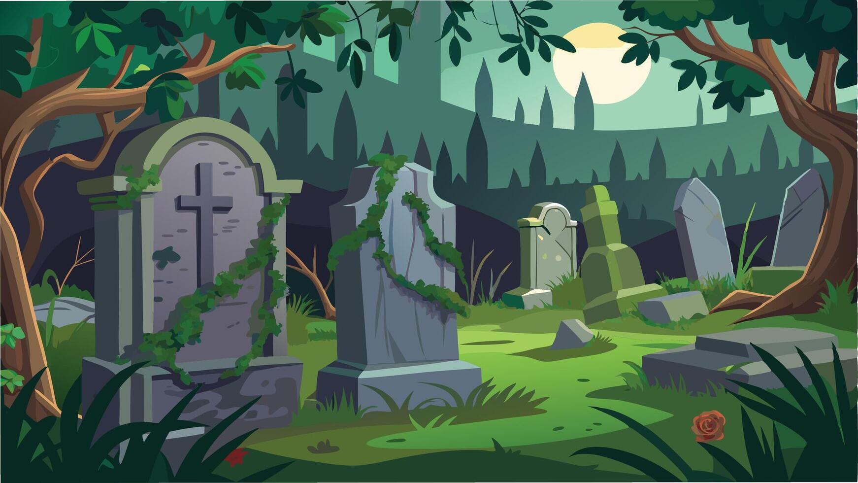 A serene forest graveyard with ancient trees, moss covered gravestones, and lush greenery, creating a tranquil atmosphere during daylight hours vector