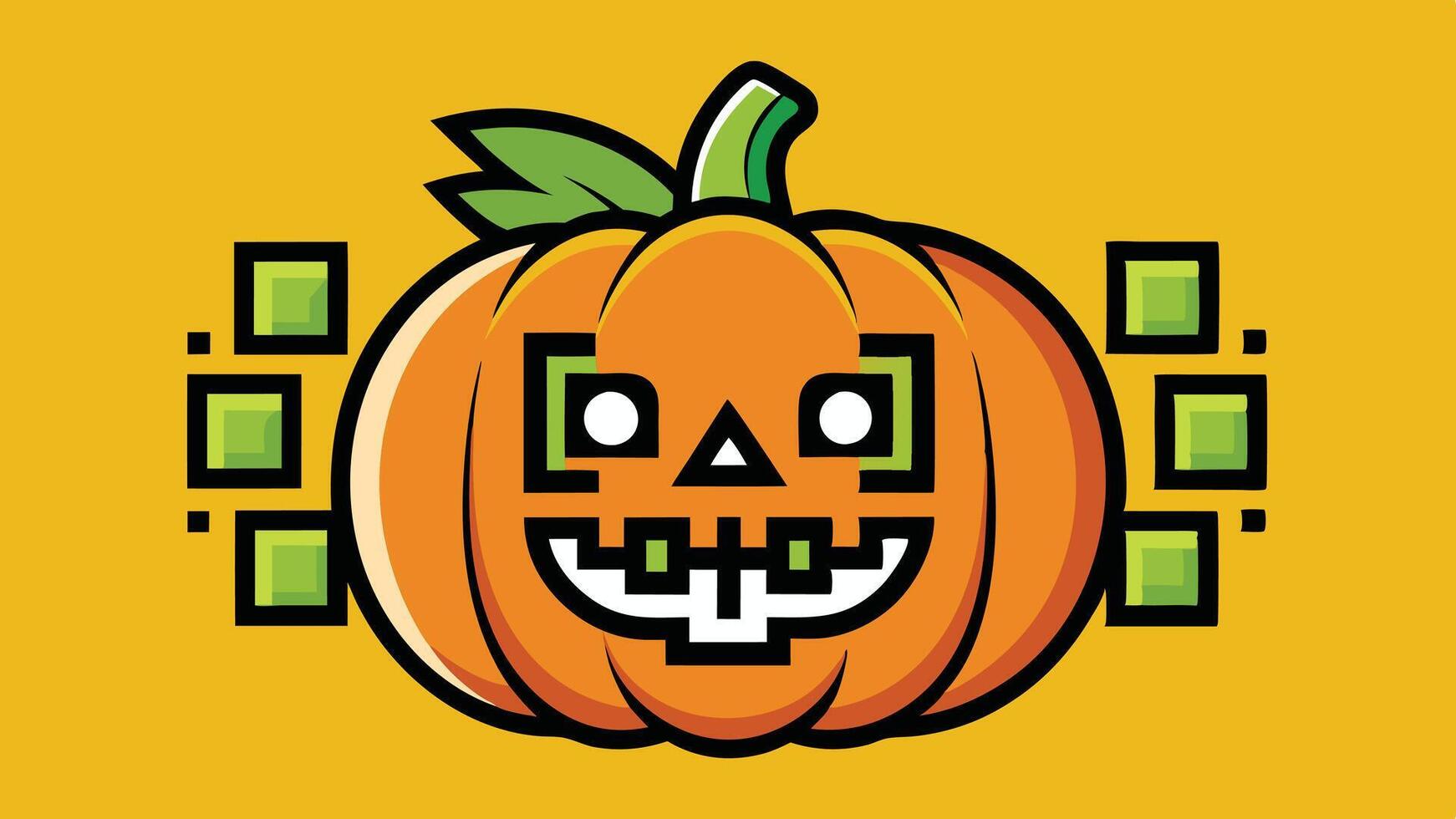 A cheerful pumpkin with a playful expression and green leaves on a vibrant background, perfect for a Halloween celebration or autumn decor vector