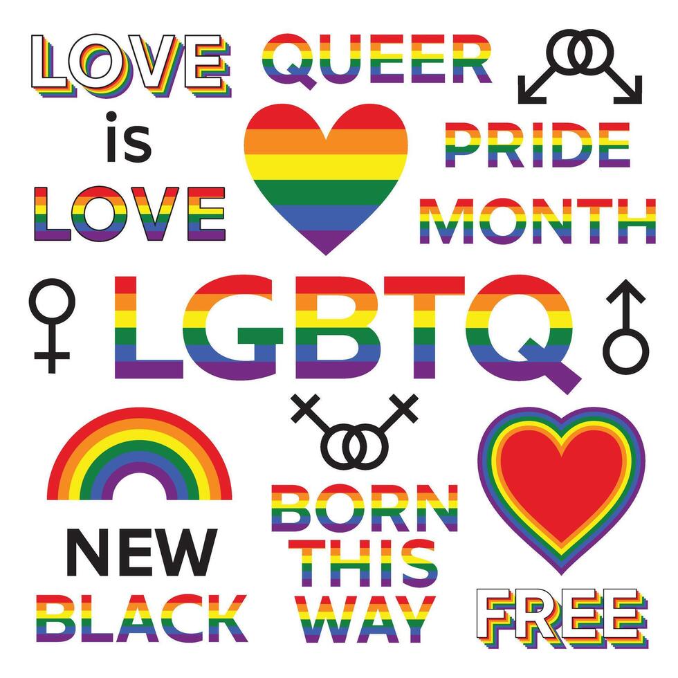 Set of LGBTQ pride flag rainbow colours symbols and icons vector