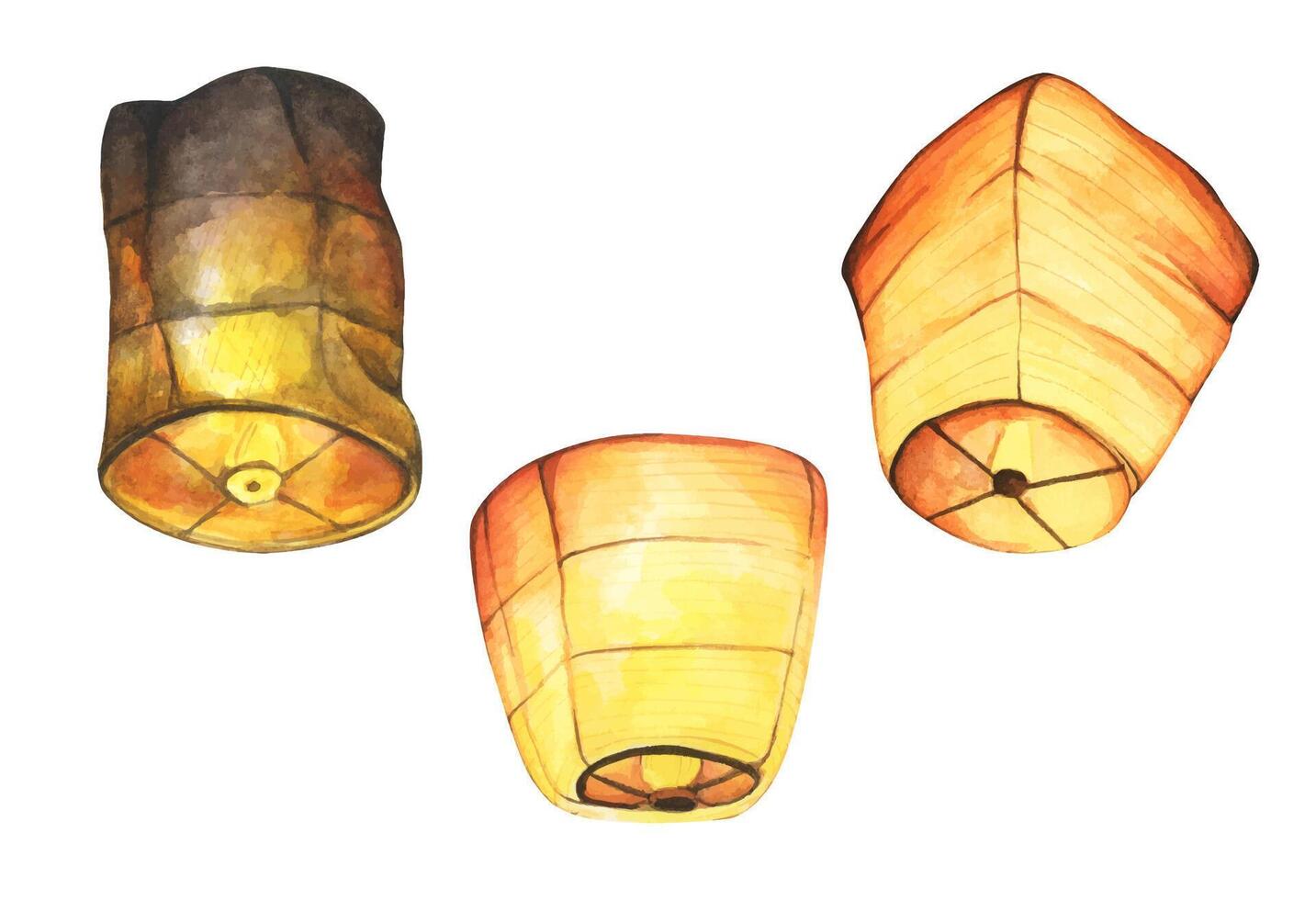 Watercolor painting of Paper lantern, Floating lanterns in the sky. Making a Wish. vector