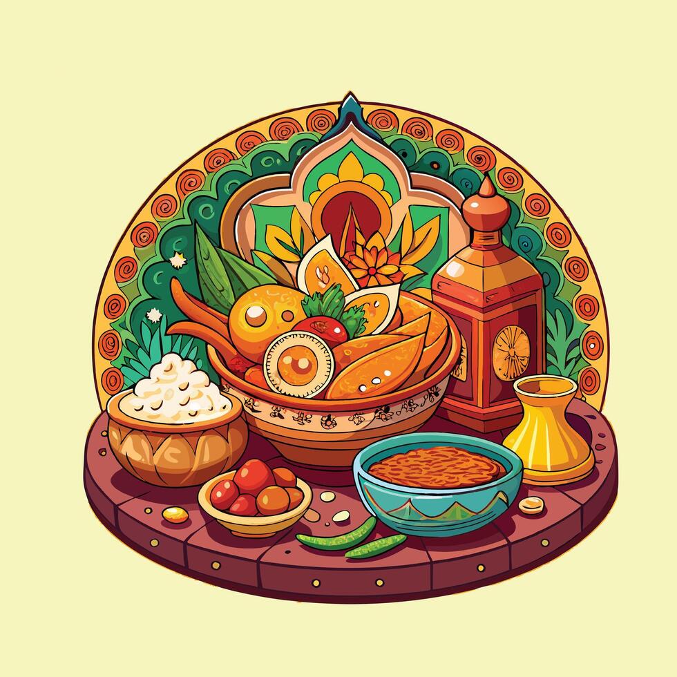 a drawing of a plate of indian cuisine with a variety of food, indian, cuisine, highly detailed vector