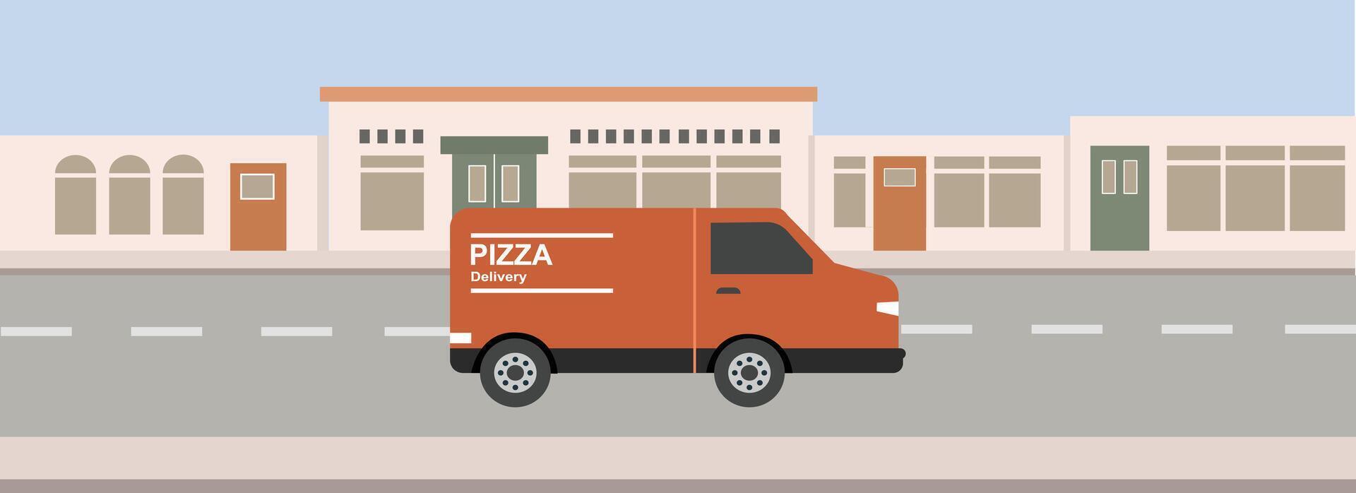 Pizza delivery car illustration. Van delivery. Fast delivery. Food delivery services. Food distribution. vector