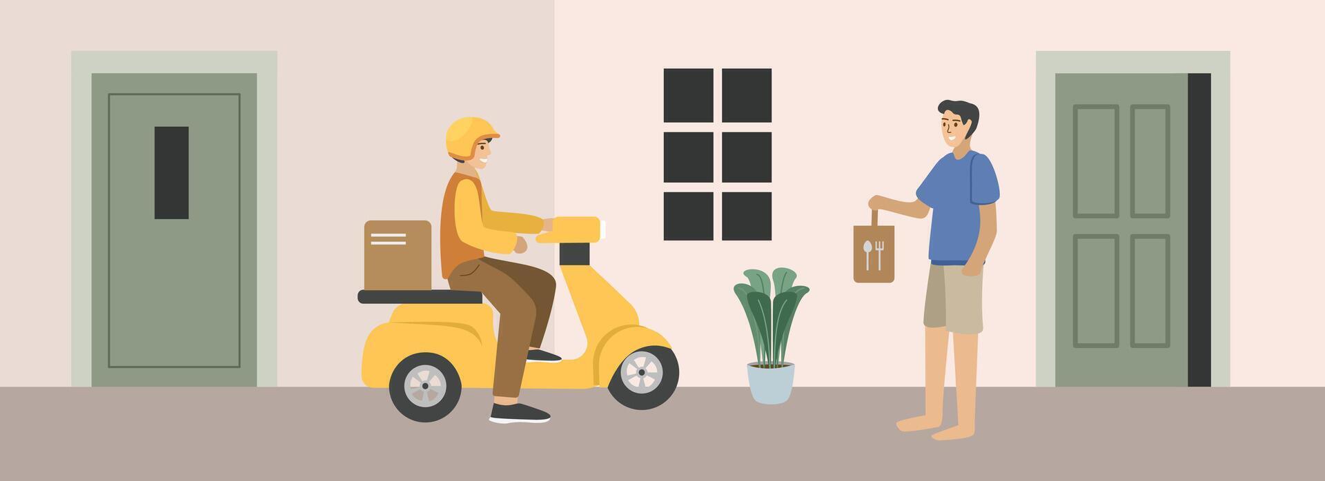 Front door delivery food. Food delivery courier. Courier delivering food. Delivery services. Fast deliver. Express delivery. vector