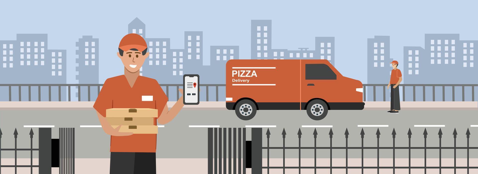 Pizza delivery express. Food delivery services. Courier delivery pizza. Van delivery. Food distribution. vector