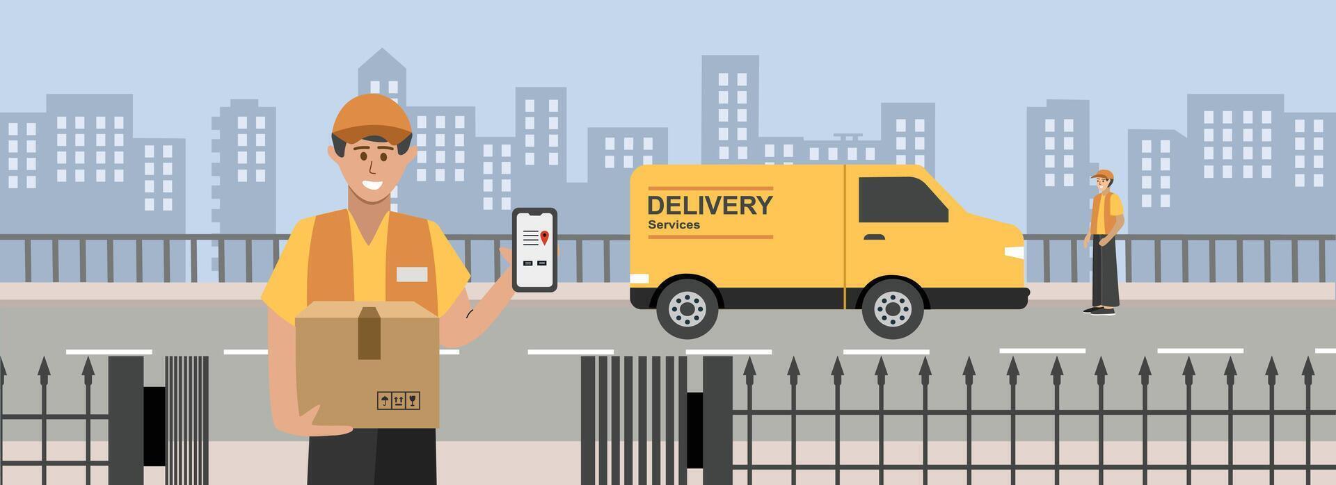 People delivering package illustration. Warehouse delivery services. Goods delivery. Fast delivered. Express delivery. Goods distribution. vector
