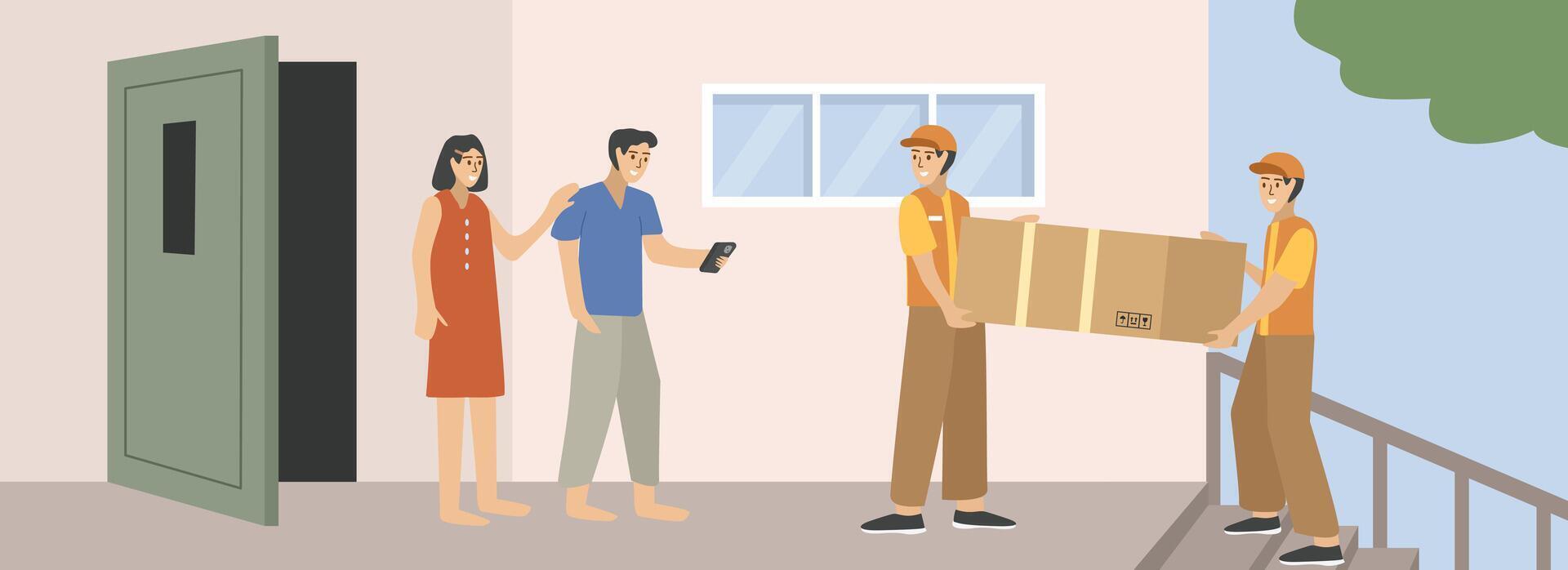 Moving house. Moving house service. Courier delivering package. Family house. Front door delivery. Delivery man. Warehouse distribution. Postman delivery packet. vector