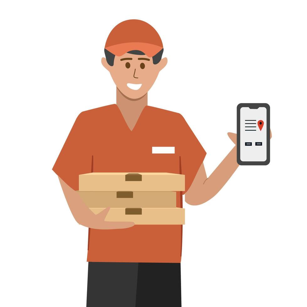 Pizza delivery courier. Delivery worker. Food distribution. Home delivery. Free delivery. Fast delivery. Delivered package. vector