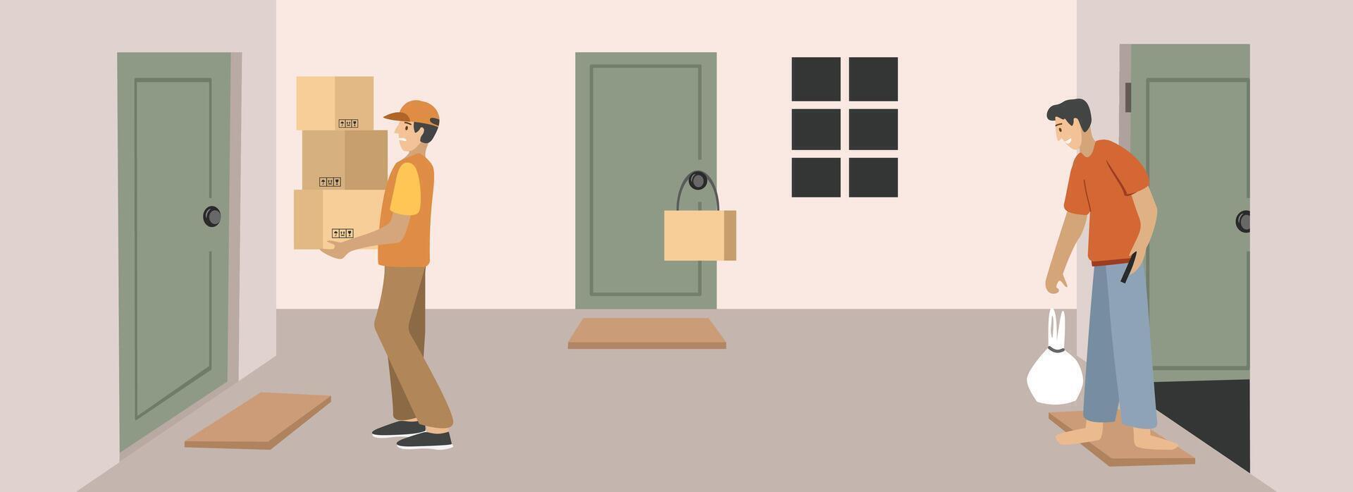 Apartment delivery package. Warehouse delivering package. Courier delivering package. Front door house delivery. Postman. Fast delivery. Online package. vector