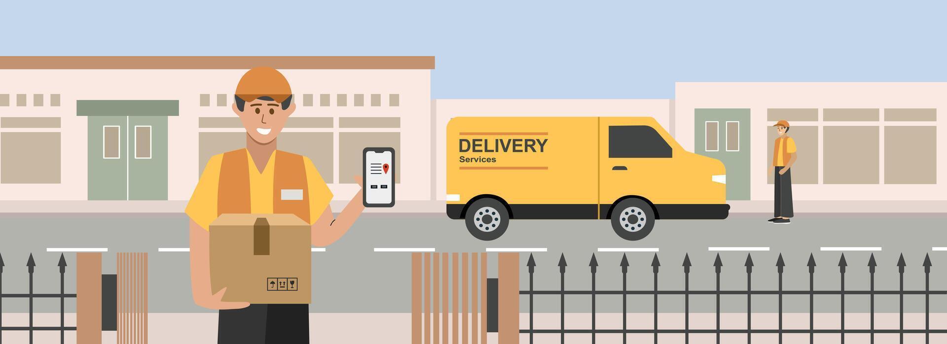 Courier delivering package. Courier in front of home. Delivery truck. Goods delivery services. Courier with package. Free delivery services. vector