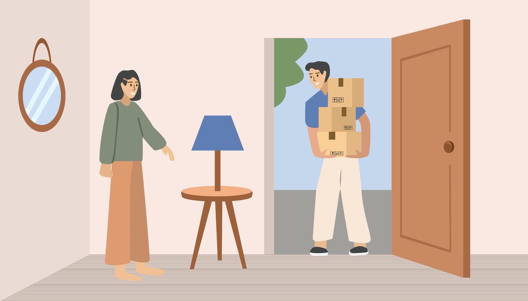 Family moving house. Delivery package. Free shipping. Warehouse delivery. Package delivery. Front door delivery. Express delivery. Fast delivery. vector